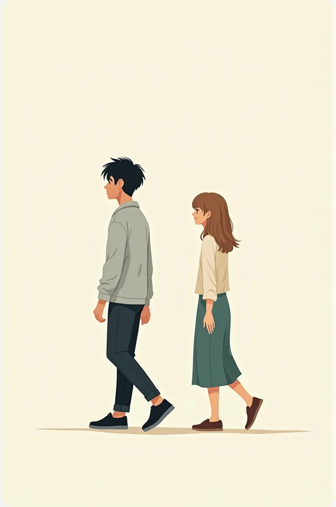Make a book cover of a medium-sized boy, high, with black hair, 19 years old and a girl of average body, short, with light brown hair, 16 years old, both moving away in opposite directions