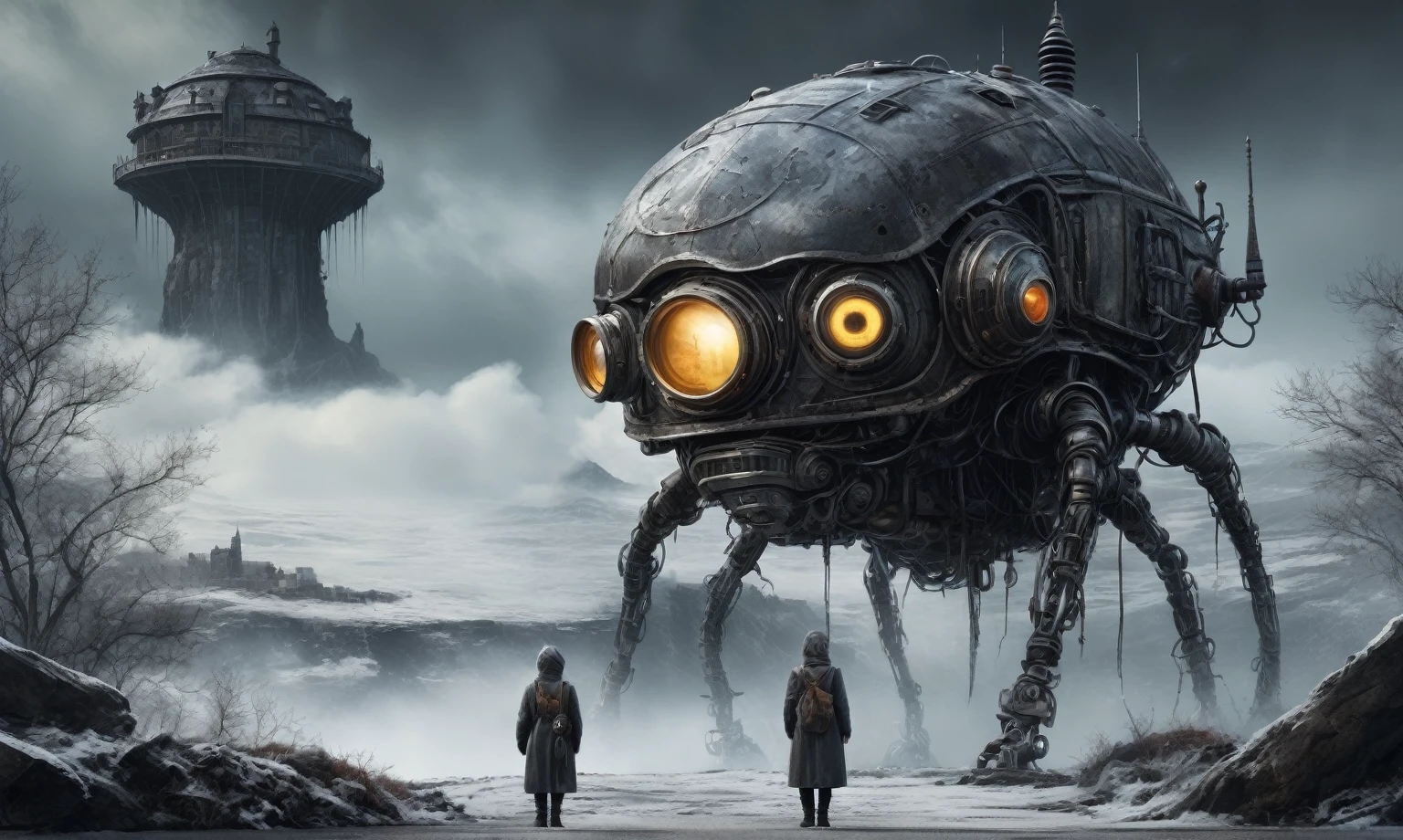 Crazy Robot of USSR , and helmet Style, tongs in hands, pinhead, camouflage Rusty, Ambient in a meteorite ,graphite old witch after a psychiatric clinic,winter,intricate landscape,slate grey atmosphere,film grain,faded,snake's eyes extremely detailed,another world,ring of truth,French Braid with a Twist,view from height,once pretty face,eyebrow up,full body shot,ominous landscape, Simon Stalenhag,Nicola Samori,full body shot,beggar paladium The Alien Entity,Technicolor,natural skin textures, hyper realism, hyper detailed,Extremely detailed,High contrast,Masterpiece,Realistic,Ultra Detailed, intricate details,realistic humid leather,extremly intricate,Epic Realistic, cinematic style,irina yermolova,high contrast,hdr,extremely detailed, deep night landscape,masterpiece,intricate details,faded,eyes extremely detailed, high detailed eyes,8k resolution,RAW,retina, Nikon Z9,China,Guangxi Zhuang of China,tkt style,ears perfect, transition between two art styles, Ink painting to photorealism, Double contact, X-ray, Creative vivid light, masterpiece fantastic, Abstract, Surrealism, super detailed, high resolution, stop:35;(((creature with a spectral and ghostly appearance)). Her skin is pale, almost translucent,ancient rock,In a vibrant and mesmerizing artwork, a hot air soars through the layers of clouds, revealing a colossal and enigmatic cityscape nestled within. The buildings in this ethereal city are adorned with intricate details and exude an aura of mystery. Above the cityscape, lend an enchanting touch to the scene. steampunk. The intricate mechanics create a sense of wonder and fascination, as if stepping into a dreamlike realism
