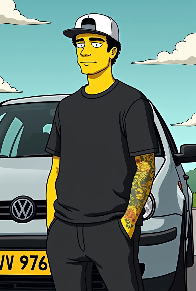 Simpsons poster young beardless man dressed in black with a white Volkswagen cap with only his left arm tattooed and in the background a silver-gray Volkswagen Jetta Jetta mk4 bora a4 2003 model with black rims, black emblem and black mirrors and with a yellow Colombian license plate CVV976 Simpsons background Wide background 
