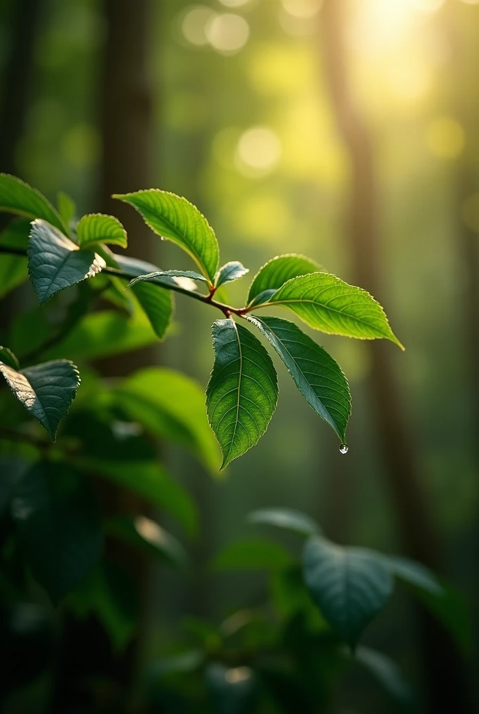 small tree leaves in a heavy jungle in a morning sunshine, water drop