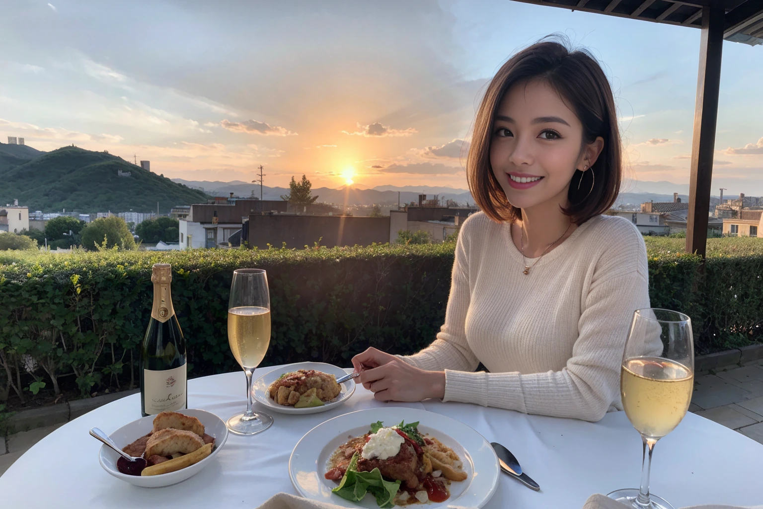 （Realistic:1.1）,(masterpiece,Highest quality)，8k,(49 years old), 53 years old, ベリーslimボディ、slimカップル、Tight waist,Upper Body,full-course dinner、wine 、Amazing view of the sunset sky and clouds、Perfect Anatomy, Brown Hair, short hair,Random Hairstyles,((Highly detailed face and eyes:1.2))，Perfect golden ratio face，Long sleeve shirt、dress,(smile:1.2)、Shortcuts、cute、(Realistic, Intricate details:1.2), A bright smile、short hair,Bright Face、赤wine 、Appetizers、Italian food、wine bottle、Champagne、スパークリングwine、(slimな顔), (The body is slim), (Brown Hair), (Shortcuts),  Upper Body, 白wine, slim, wineグラス, 