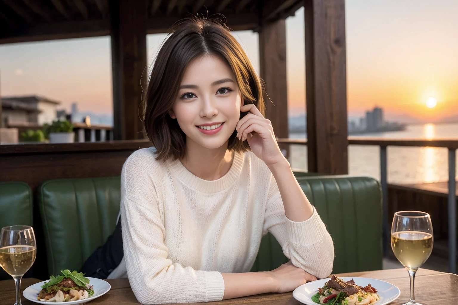 (Realistic:1.1),(masterpiece,Highest quality),8k,(49 years old), 53 years old, ベリーslimボディ、slimカップル、Tight waist,Upper Body,full-course dinner、wine 、Amazing view of the sunset sky and clouds、Perfect Anatomy, Brown Hair, short hair,Random Hairstyles,((Highly detailed face and eyes:1.2)),Perfect golden ratio face,Long sleeve shirt、dress,(smile:1.2)、Shortcuts、cute、(Realistic, Intricate details:1.2), A bright smile、short hair,Bright Face、赤wine 、Appetizers、Italian food、wine bottle、Champagne、スパークリングwine、(slimな顔), (The body is slim), (Brown Hair), (Shortcuts), Upper Body, 白wine, slim, wineグラス,