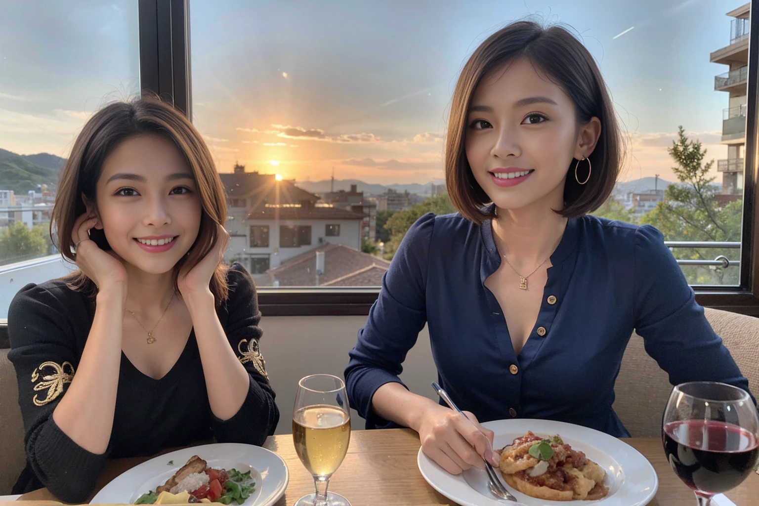 （Realistic:1.1）,(masterpiece,Highest quality)，8k,(49 years old), 53 years old, ベリーslimボディ、slimカップル、Tight waist,Upper Body,full-course dinner、wine 、Amazing view of the sunset sky and clouds、Perfect Anatomy, Brown Hair, short hair,Random Hairstyles,((Highly detailed face and eyes:1.2))，Perfect golden ratio face，Long sleeve shirt、dress,(smile:1.2)、Shortcuts、cute、(Realistic, Intricate details:1.2), A bright smile、short hair,Bright Face、赤wine 、Appetizers、Italian food、wine bottle、Champagne、スパークリングwine、(slimな顔), (The body is slim), (Brown Hair), (Shortcuts),  Upper Body, 白wine, slim, wineグラス, 