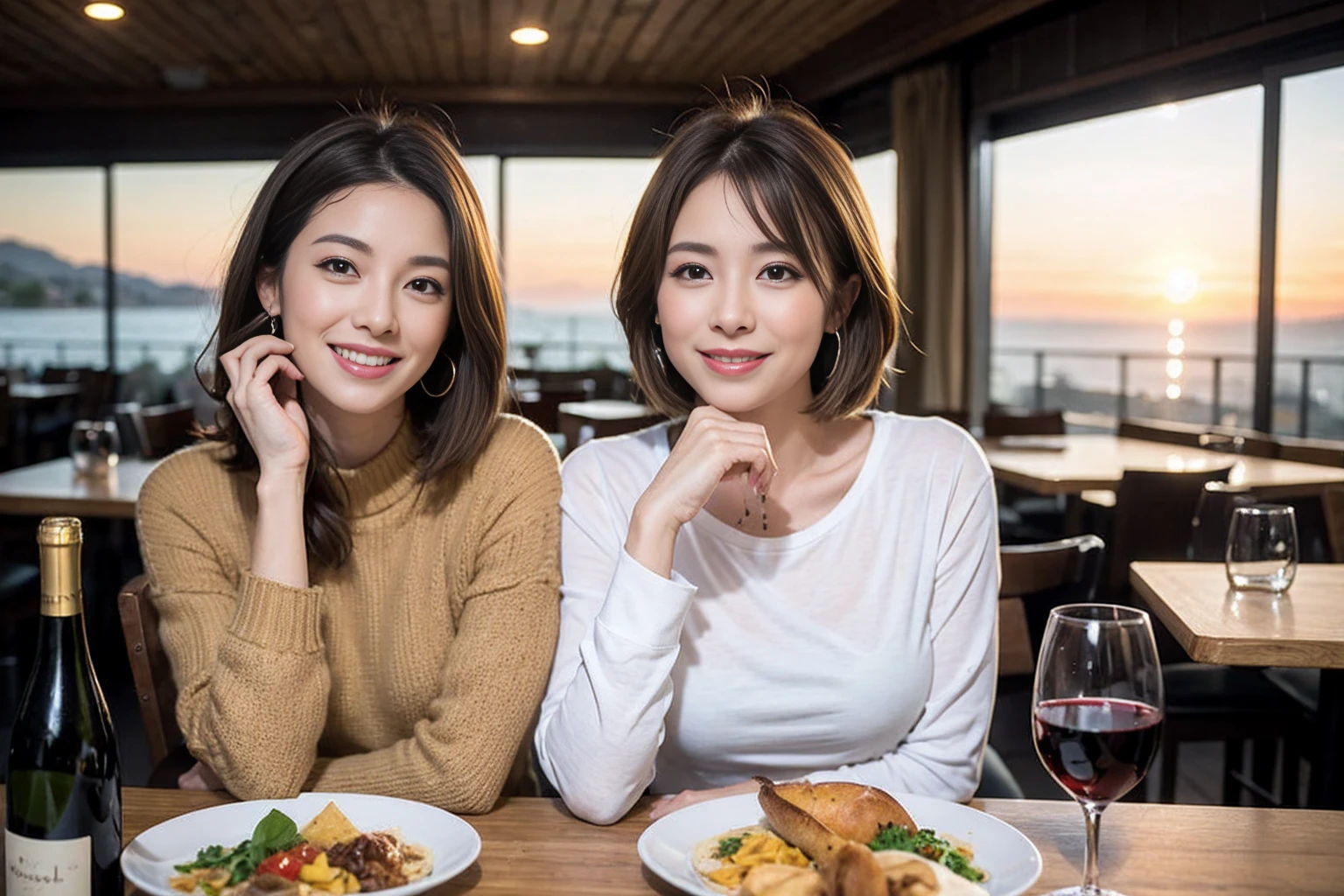 (Realistic:1.1),(masterpiece,Highest quality),8k,(49 years old), 53 years old, ベリーslimボディ、slimカップル、Tight waist,Upper Body,full-course dinner、wine 、Amazing view of the sunset sky and clouds、Perfect Anatomy, Brown Hair, short hair,Random Hairstyles,((Highly detailed face and eyes:1.2)),Perfect golden ratio face,Long sleeve shirt、dress,(smile:1.2)、Shortcuts、cute、(Realistic, Intricate details:1.2), A bright smile、short hair,Bright Face、赤wine 、Appetizers、Italian food、wine bottle、Champagne、スパークリングwine、(slimな顔), (The body is slim), (Brown Hair), (Shortcuts), Upper Body, 白wine, slim, wineグラス,