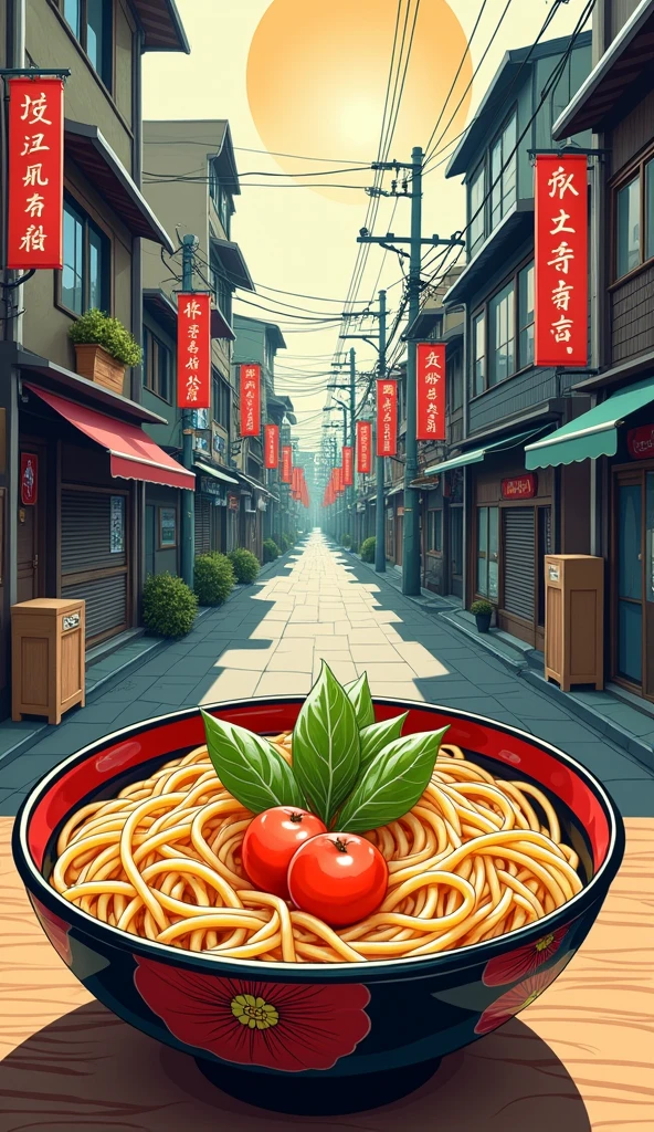 There is a bowl of pasta and vegetables on the table, Vector art inspired by Hanbei Yoshida, CG Association Contest Winner, Ukiyo-e, Japan Inspired Poster, Japanese art style, Japanese cities, Tokyo Mural, Japan Streets, Tokyo Inspired, Japanese Posters, Great food illustrations, Japanese manga style, ukiyoe style, Downtown Japan, Highly detailed vector art
