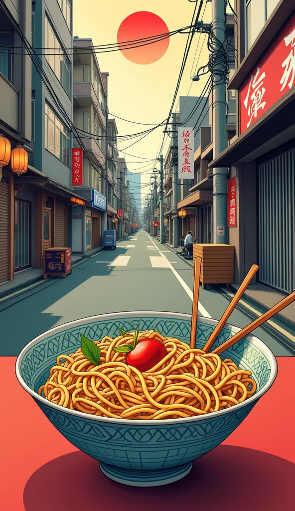There is a bowl of pasta and vegetables on the table, Vector art inspired by Hanbei Yoshida, CG Association Contest Winner, Ukiyo-e, Japan Inspired Poster, Japanese art style, Japanese cities, Tokyo Mural, Japan Streets, Tokyo Inspired, Japanese Posters, Great food illustrations, Japanese manga style, ukiyoe style, Downtown Japan, Highly detailed vector art