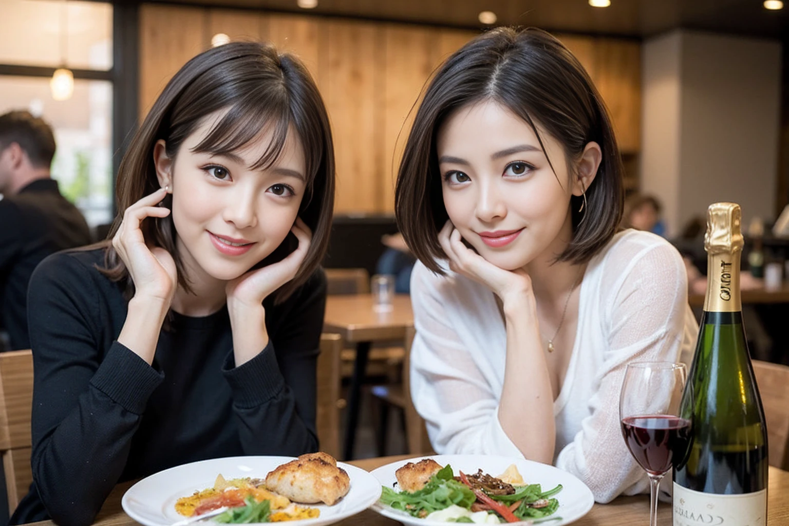 (Realistic:1.1),(masterpiece,Highest quality),8k,(49 years old), 53 years old, ベリーslimボディ、slimカップル、Tight waist,Upper Body,full-course dinner、wine 、Amazing view of the sunset sky and clouds、Perfect Anatomy, Brown Hair, short hair,Random Hairstyles,((Highly detailed face and eyes:1.2)),Perfect golden ratio face,Long sleeve shirt、dress,(smile:1.2)、Shortcuts、cute、(Realistic, Intricate details:1.2), A bright smile、short hair,Bright Face、赤wine 、Appetizers、Italian food、wine bottle、Champagne、スパークリングwine、(slimな顔), (The body is slim), (Brown Hair), (Shortcuts), Upper Body, 白wine, slim, wineグラス,