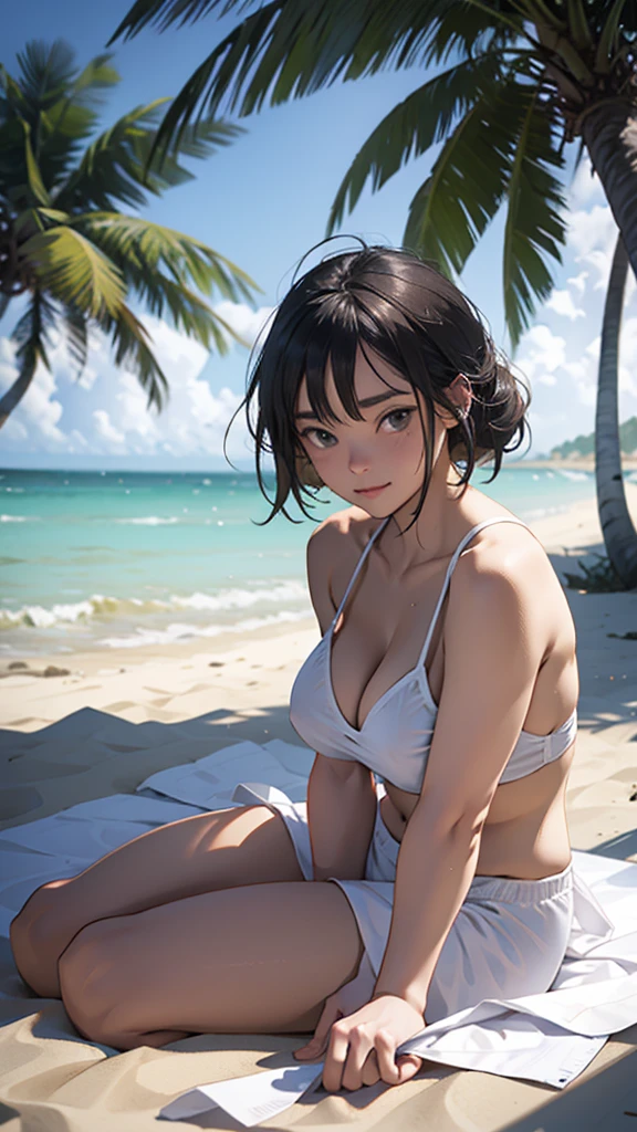 A young couple is sitting on the beach and romancing. The woman is wearing short sexy clothes her big hips. Coconut trees are nearby. It is evening.