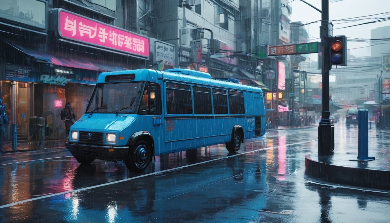 in the rain、A blue van is driving down the street, Cyberpunk Bus Stop, in style of Beep, Beep style, Hyperrealistic Cyberpunk Style, In Cyberpunk City, realism | Beep, 3 d render Beep, Beep. hyperrealism, Beep daily art, cinematic Beep, Cyberpunk atmosphere