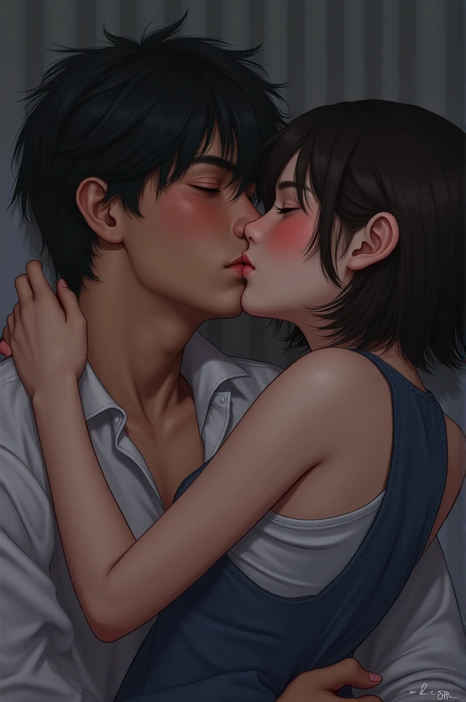 a man is kissing a schoolgirl's nipple