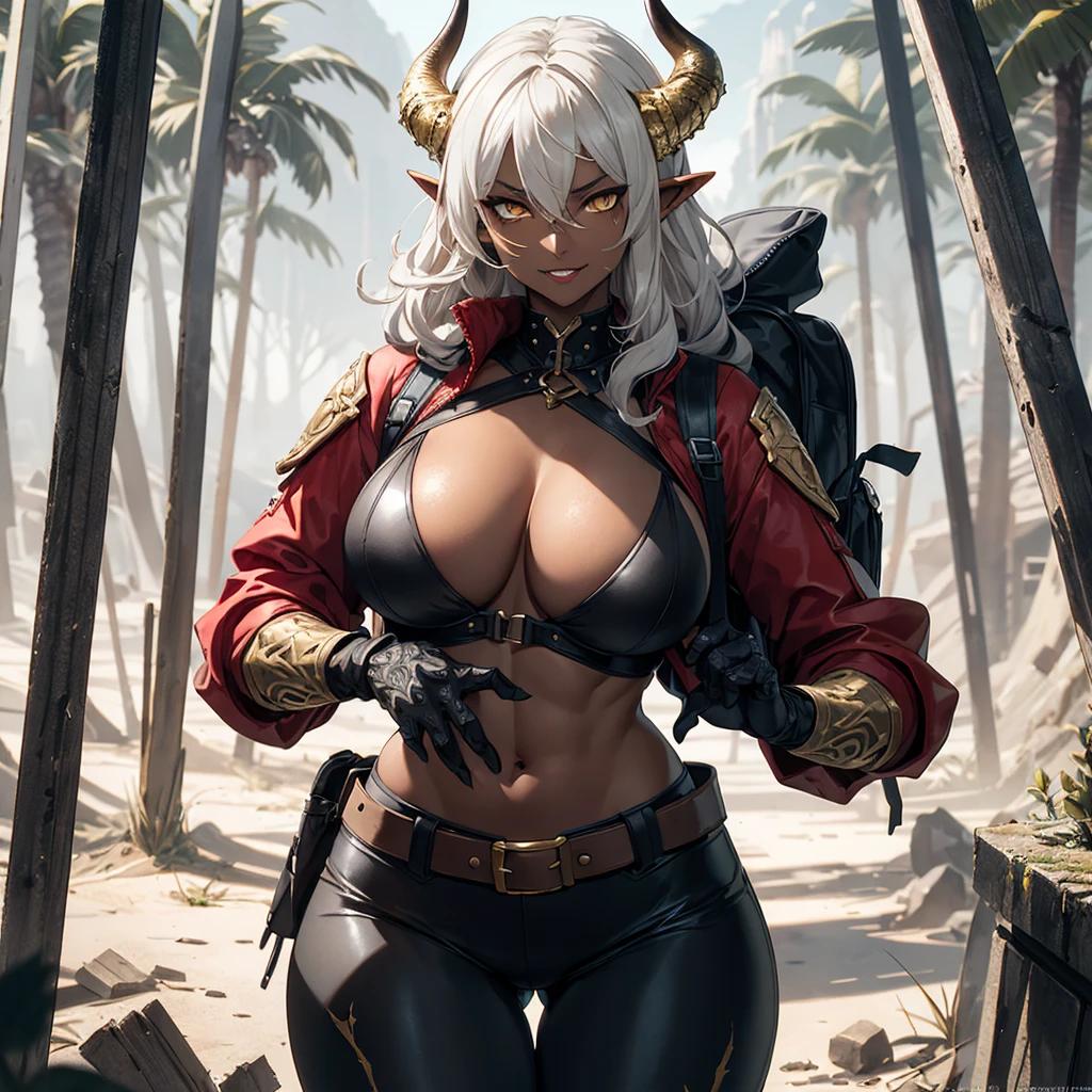 ((best quality)), ((masterpiece)), (detailed), 1 women elf-draconical heavy warrior, 8k_wallpaper, extremely detailed eyes, (large masterpiece digital art), (intricate details:1.3 ), (ultra-detailed:1.3), (sharp focus:1.3), (natural lighting:1.05), (vivid colors:1.3), (best quality:1.4), high quality, expressive eyes, full body, detailed face, beautiful face, perfect face, ((hair sandy white curls)), ((dragon dark horns)), (gold eyes), {{dark skin}}, ({dark skinned female}), big breasts, huge chest, powerful relief muscles of the abdomen and legs, powerful strong muscles of the arms, abdominal piercings, cruel predatory and cold-blooded arrogant look, a predatory smile with many fangs, dressed in an open red coat with rolled up sleeves, a heavy steel breastplate of steel armor, leather pants with steel hip pads, a wide yellow belt tied with chains, steel gloves, steel shoulder pads, a hiking backpack, a ruined village is walking along the old pier, against the backdrop of forests and mountains, dark fantasy style,
