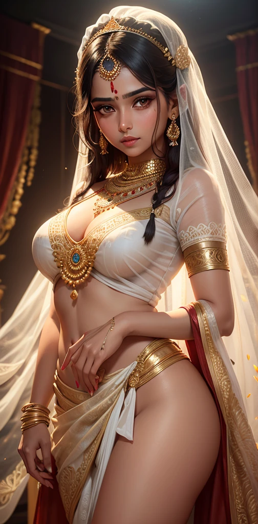 A beautiful young Hindu woman wearing a stunning white sari, exquisite facial features, large expressive eyes, delicate makeup, serene expression, ornate jewelry, detailed fabric textures, intricate patterns, lush floral backdrop, dramatic studio lighting, photorealistic, highly detailed, 8k, masterpiece