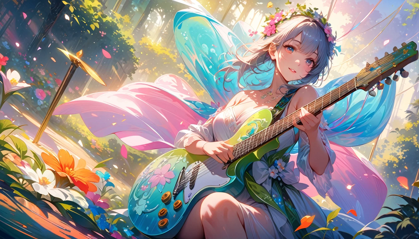 (best quality,4k,8k,highres,masterpiece:1.2),ultra-detailed,realistic,crystal-clear guitar carving,translucent morning of spring,sunlight reflection on guitar,body details,delicate strings,vibrant color palette,sculpting tools,hourglass figure,sound holes,elegant curves,polished surface,delicate engravings,effects of light and shadow,subtle reflections,shimmering surface,sparkling gemstones,flower petals falling,floral patterns,emerald accents throughout,transparent springtime essence,ethereal atmosphere,peaceful garden background,serene ambiance,morning dew,soft sunlight filtering through trees,lush greenery,vividly colored blossoms,harmonious blend of nature and art,impeccable craftsmanship,transcendent beauty,awe-inspiring artwork