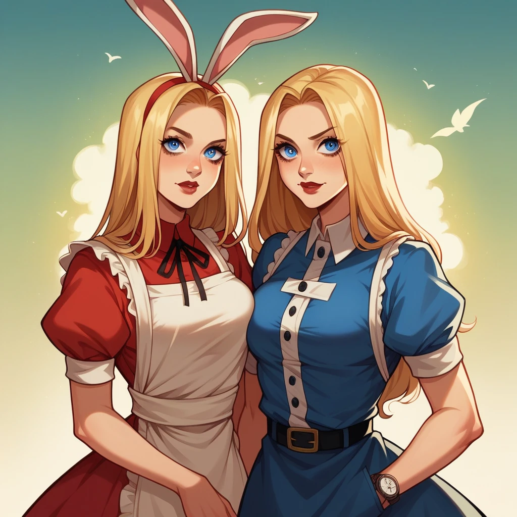 masutepiece, highest quality, high definition, 8k, marvel comics style, dark atmosphere, cinematic lighting, alice traveling through the land of gears and a rabbit with a pocket watch. the two are characters of "alice's adventures in wonderland", alice is charming, grinning, blonde, detailed eyes, blue eyes.
