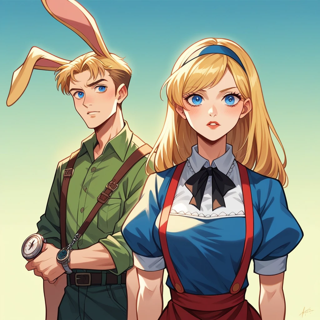 masutepiece, highest quality, high definition, 8k, marvel comics style, dark atmosphere, cinematic lighting, alice traveling through the land of gears and a rabbit with a pocket watch. the two are characters of "alice's adventures in wonderland", alice is charming, grinning, blonde, detailed eyes, blue eyes.