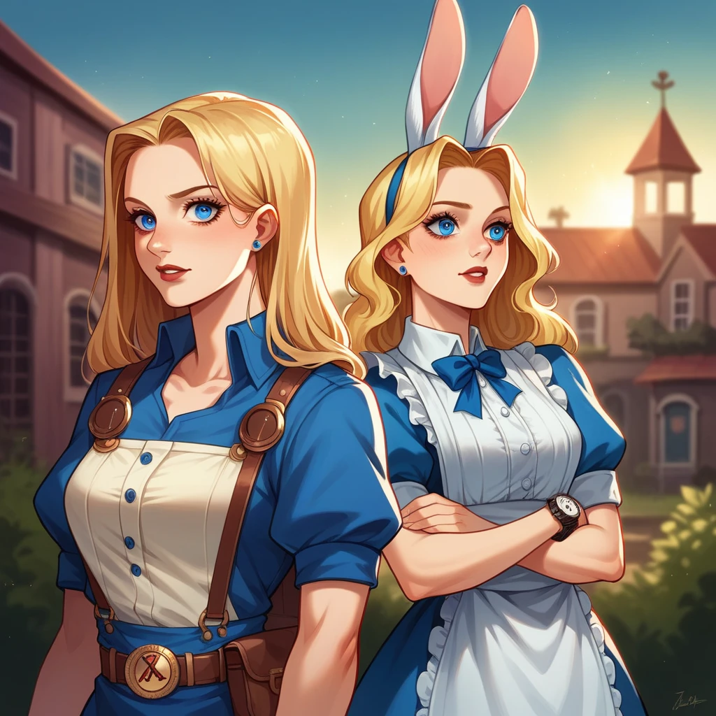 masutepiece, highest quality, high definition, 8k, marvel comics style, dark atmosphere, cinematic lighting, alice traveling through the land of gears and a rabbit with a pocket watch. the two are characters of "alice's adventures in wonderland", alice is charming, grinning, blonde, detailed eyes, blue eyes.