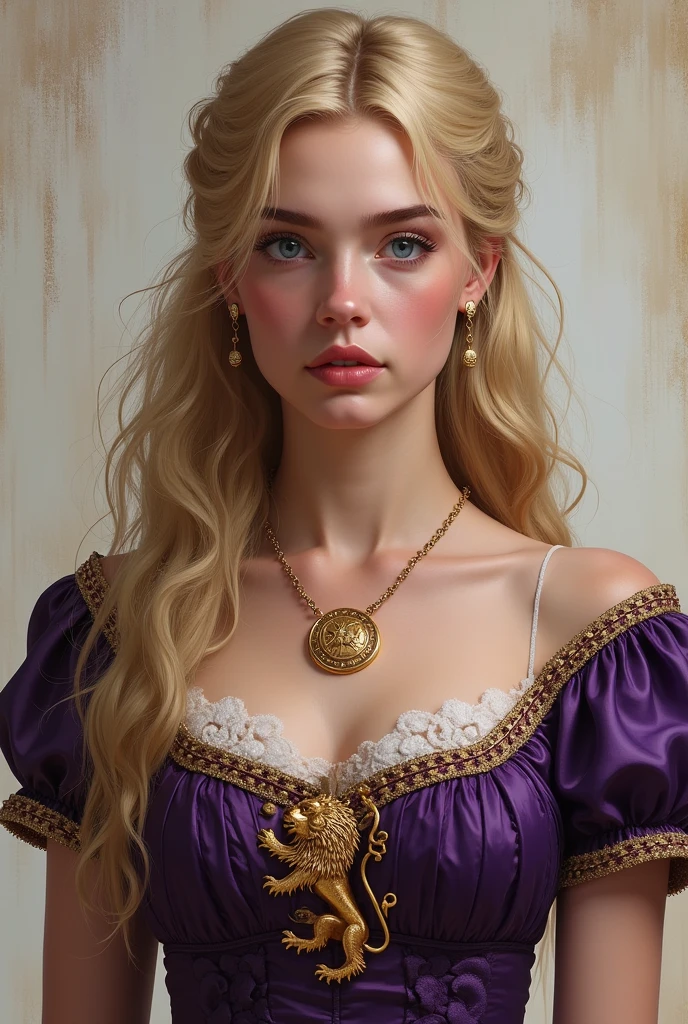 Young Lannister woman with blonde hair and blue eyes wearing a purple dress with gold details and a lion emblem
