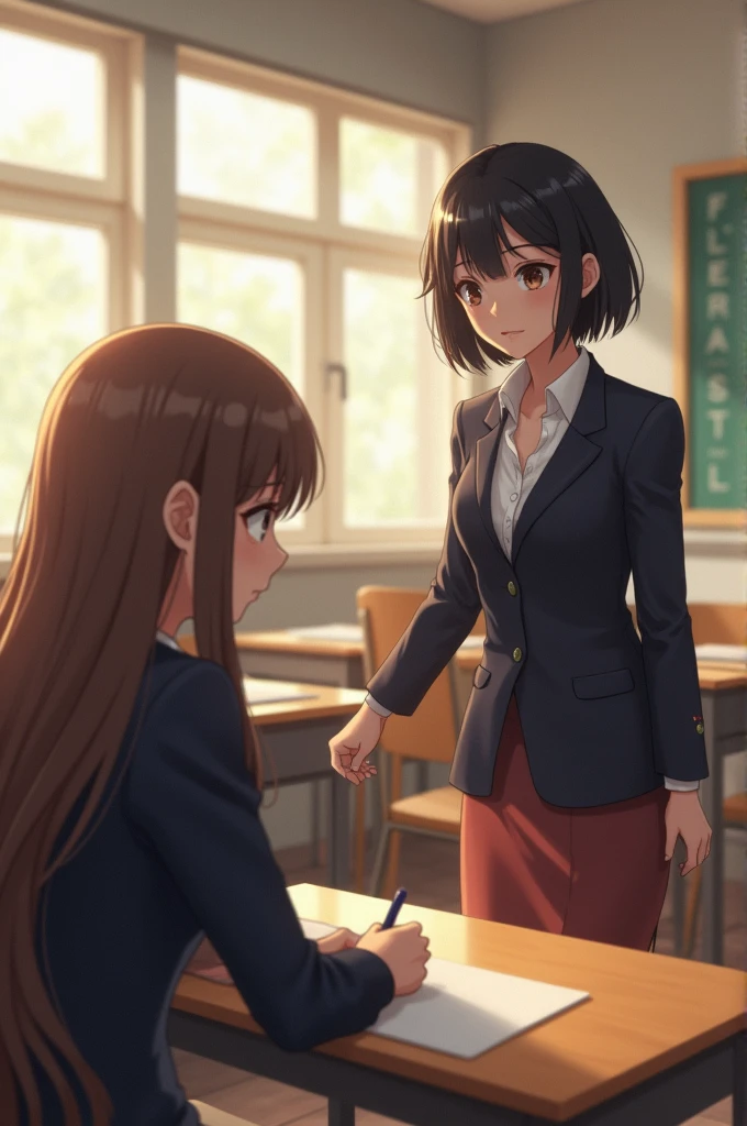 Female shorthaired teacher approaching a desk of a long haired female student