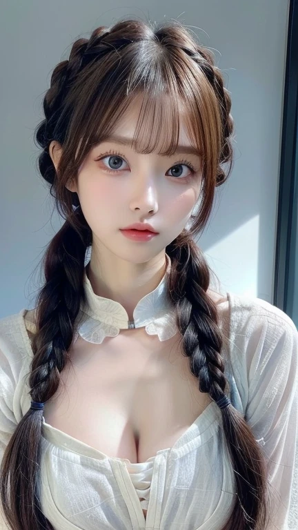 (masterpiece, Top quality, best quality, Official Art, beautiful and aesthetic:1.2), 1 Girl, extreme detailed, Rea, Light blue long hair, Emo, blue Eye, (Abstract, Fractal Art:1.3), highest detailed, detailed_Eye, Light_particle, Hanfu, Jewelry, y, 蓝色Light芒, Large Brelim waist, Upper Body,Mizuki_Forest, Bangs,Braids