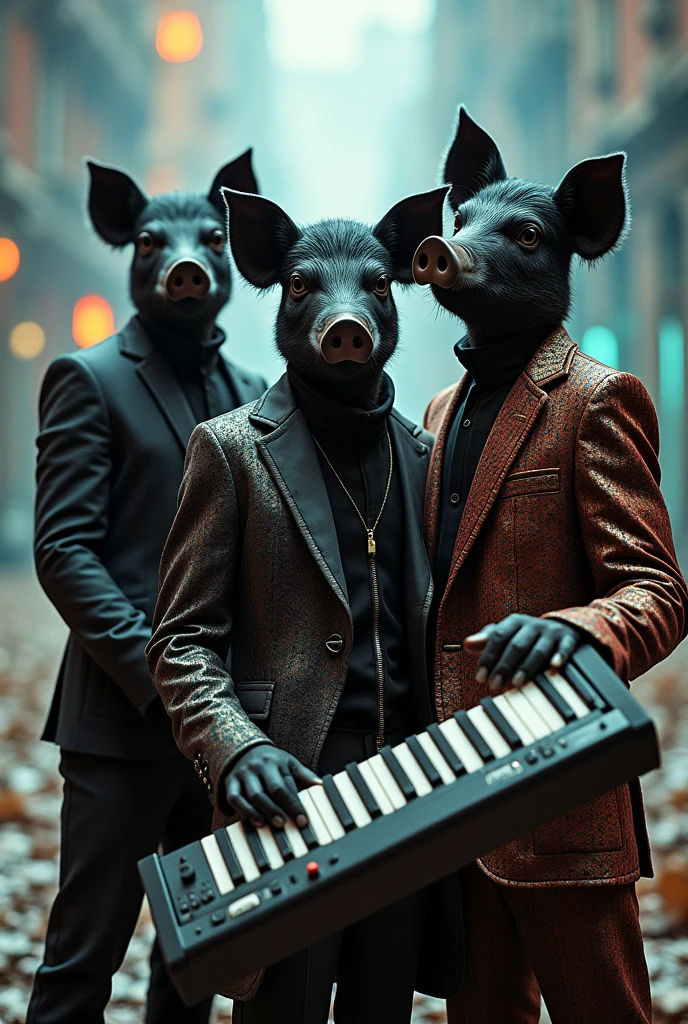 A group photo of 3 male musicians, taking a fashion photo with their faces as black pigs, dressed in fancy costumes, traveling through dimensions, holding a keyboard, looking modern and cool.