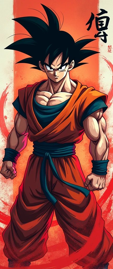 Create an image of Goku in a fierce and powerful stance, exuding raw energy and strength. He should be in his Super Saiyan form, with his iconic spiky hair standing tall, glowing with intense power. His muscular physique is highly defined, with veins bulging and his body ready for battle. Goku's expression is serious and determined, with sharp eyes focused on the enemy. The background features bold, dynamic strokes in shades of red and black, with Japanese kanji symbols adding a sense of ancient power and tradition. Red energy ribbons swirl around him, accentuating his immense aura and strength. The overall style should be gritty, with strong contrasts between the dark shadows and the bright highlights, capturing the raw intensity of the character."