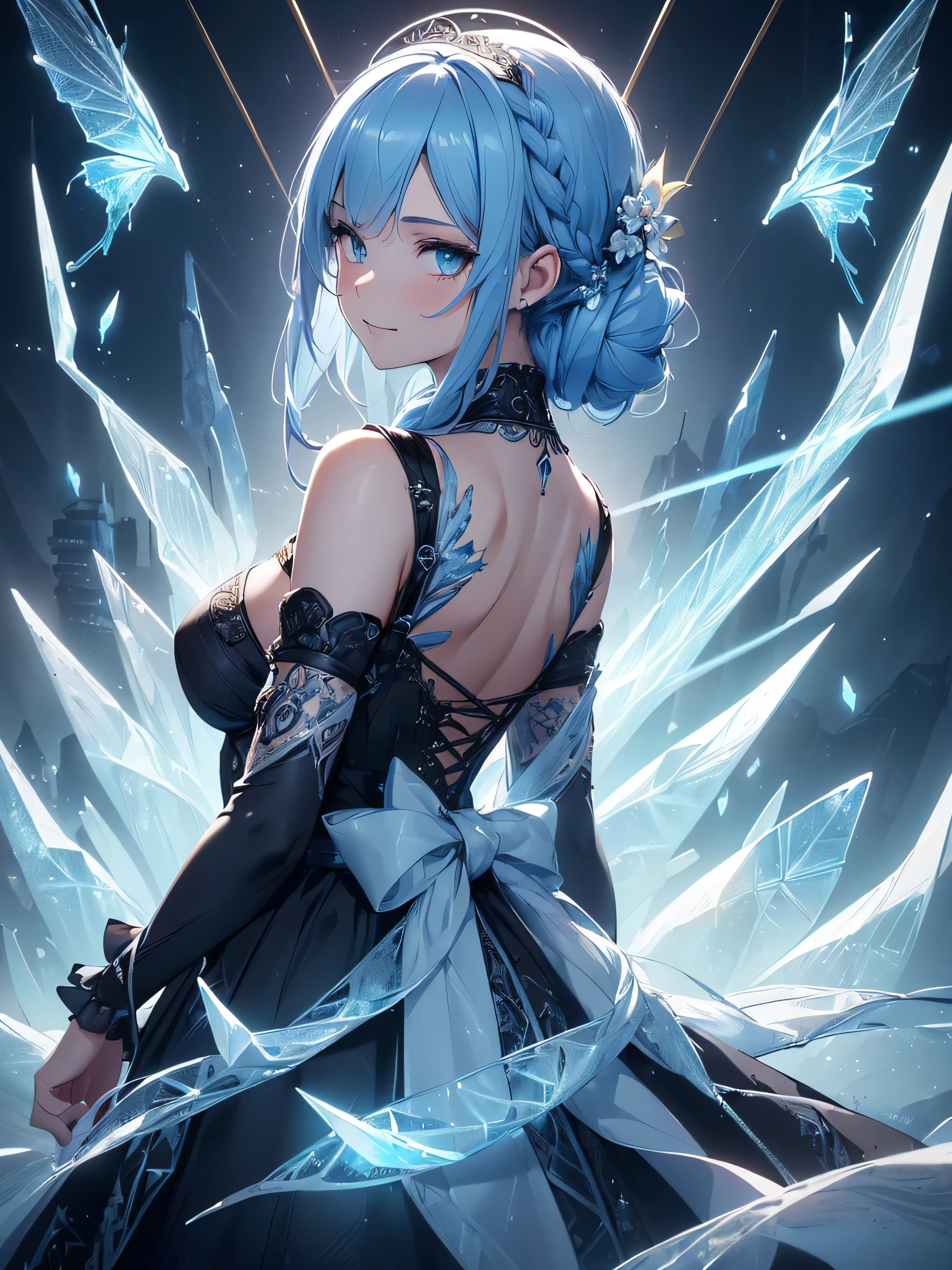 (((best quality, sharp image, clear image, cinematic lighting, 8k resolution, masterpiece, ultra detailed, intricate))) Girl, (((looking over shoulder))),shot from behind, sorcerer, cute, ice blue hair, intricate dress, black dress, braided hair, ribbons in hair, smiling, Ice blue, ((intricate background)), (rune frame), dimension, (ice butterflies)