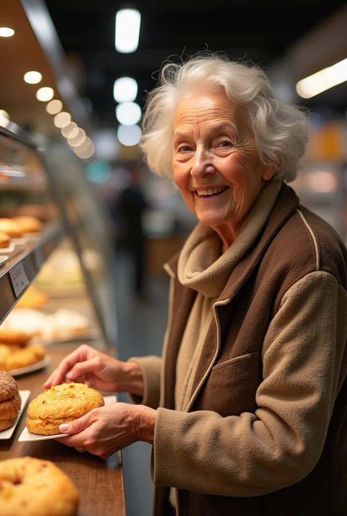 A candid shot of an old woman in the bakery section, smiling as she selects her favorite pastries and treats.