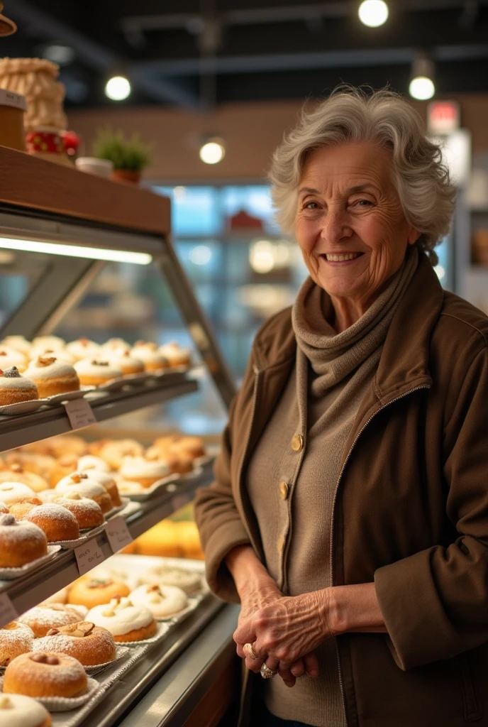 A candid shot of an old woman in the bakery section, smiling as she selects her favorite pastries and treats.