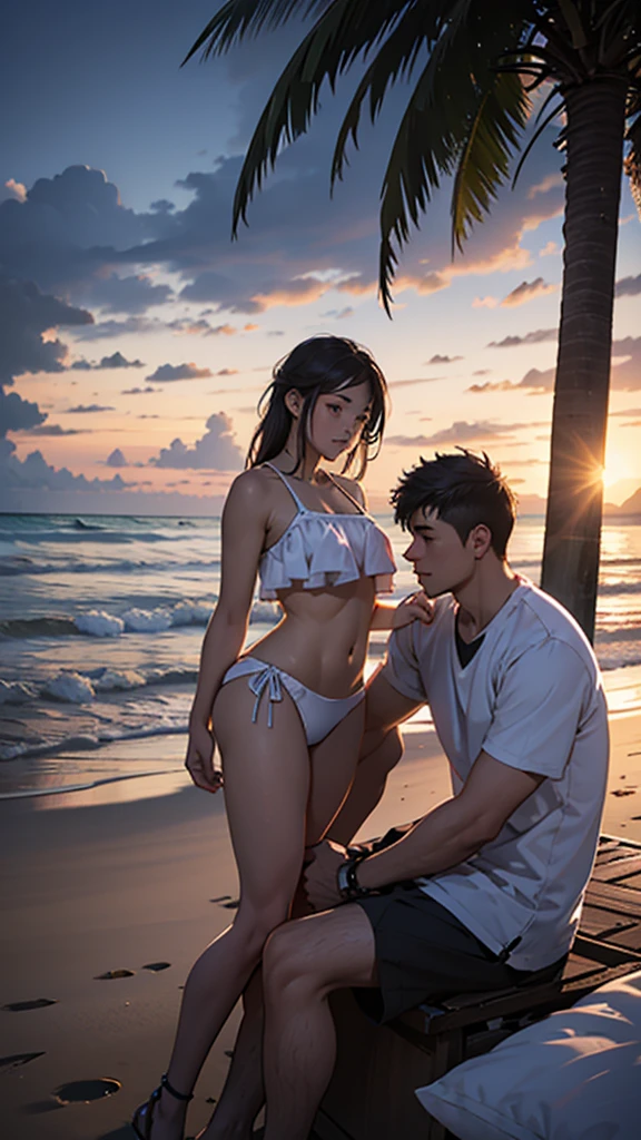 A young couple is sitting on the beach and romancing. The woman is wearing short sexy clothes her big hips. Coconut trees are nearby. It is evening.