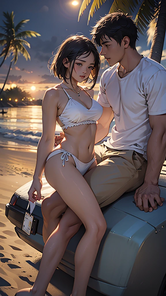 A young couple is sitting on the beach and romancing. The woman is wearing short y clothes her big hips. Coconut trees are nearby. It is evening.