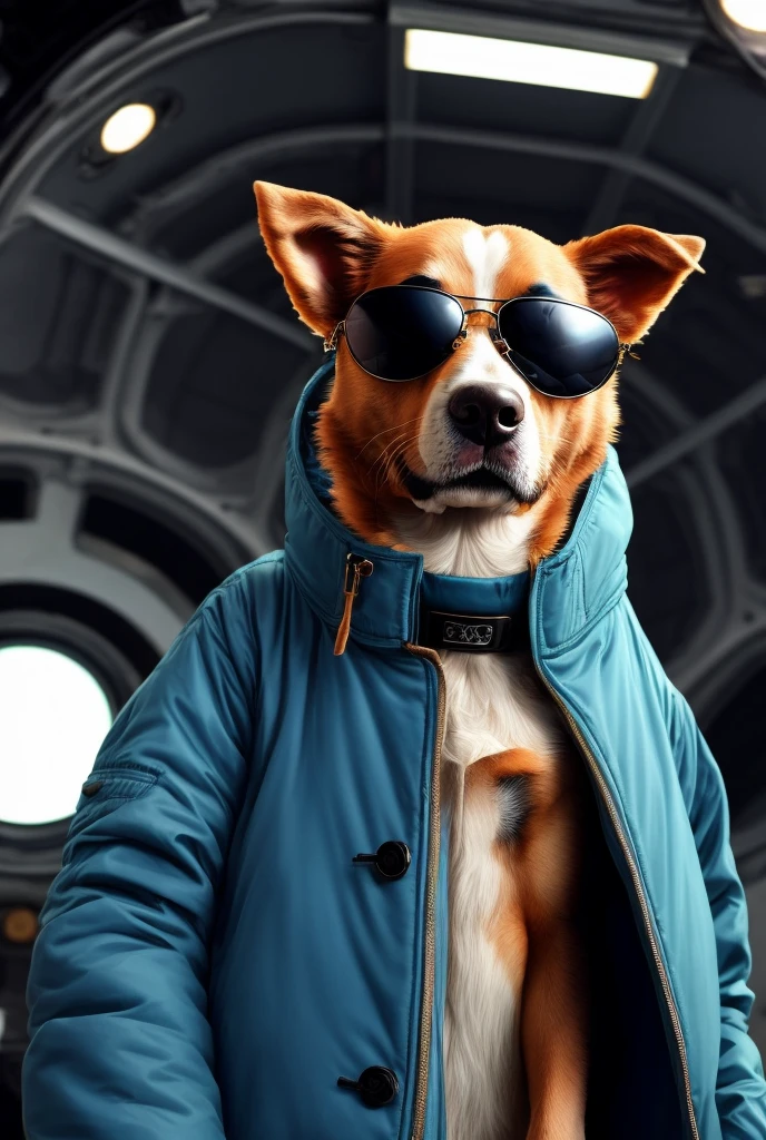 The best cell phone wallpaper, Award-Winning Wallpaper, portrait photography, In the front view is a portrait of a cute dog wearing mid-1960s space age fashion, Side view photo, Shot with Canon EOS R5, Set a strong contrast that accentuates the subject, Fluorescent blue tone, Wearing a very modern coat and sunglasses is a modern 1960s style, Clothes all in one color, beautiful background