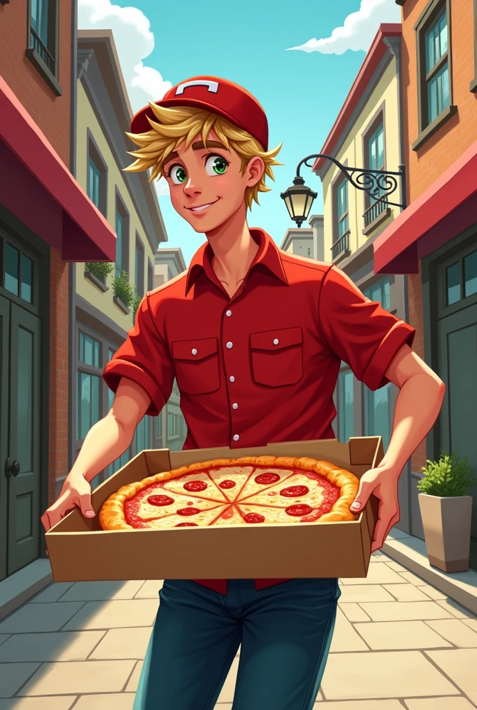 Generate a book cover for a novel. Show a small city sort of scene where a blond seventeen year old guy with green eyes and a bit of messy hair is almost tripping, in a pizza delivery outfit, the pizza box in mid air open enough to show a glance of the pizza inside