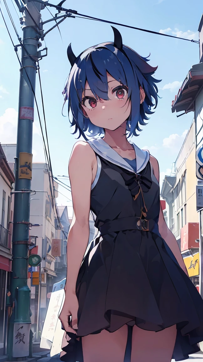 masterpiece, Highest quality, High resolution, Very detailed,(((Mikoto Naruka))), (((In town)))、(((electric wire)))、(((Expressionless)))、(((Standing in the distance。))), (((Black Dress。))), , Electric pole, blue sky, (((signboard))), (((crowd))),