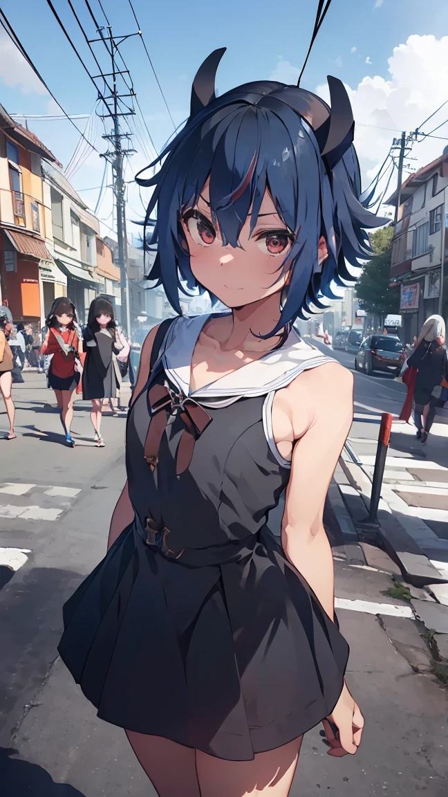 masterpiece, Highest quality, High resolution, Very detailed,(((Mikoto Naruka))), (((In town)))、(((electric wire)))、(((Expressionless)))、(((Standing in the distance。))), (((Black Dress。))), , Electric pole, blue sky, (((signboard))), (((crowd))), 