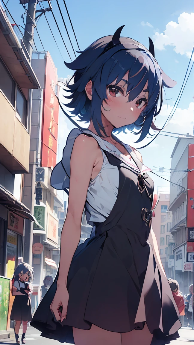 masterpiece, Highest quality, High resolution, Very detailed,(((Mikoto Naruka))), (((In town)))、(((electric wire)))、(((Expressionless)))、(((Standing in the distance。))), (((Black Dress。))), , Electric pole, blue sky, (((signboard))), (((crowd))), 