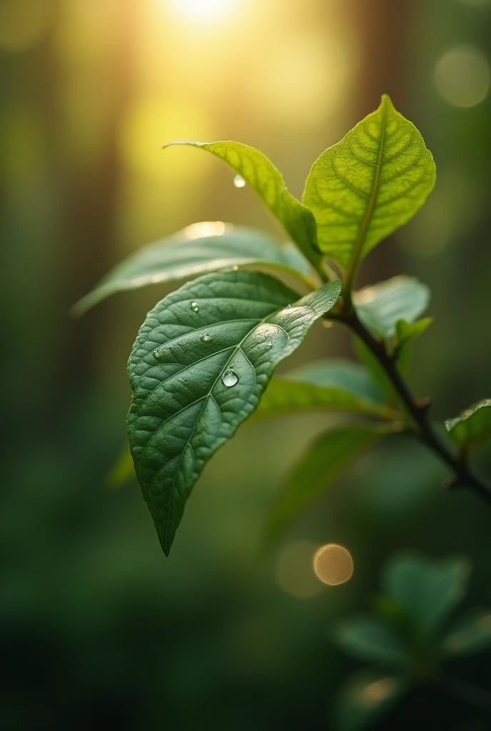 small tree leaves in a heavy jungle in a morning sunshine, water drop