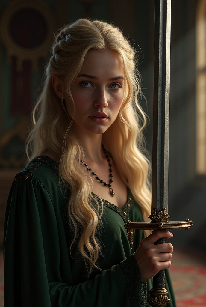 Young Lannister woman with blonde hair and blue eyes looking at a sword