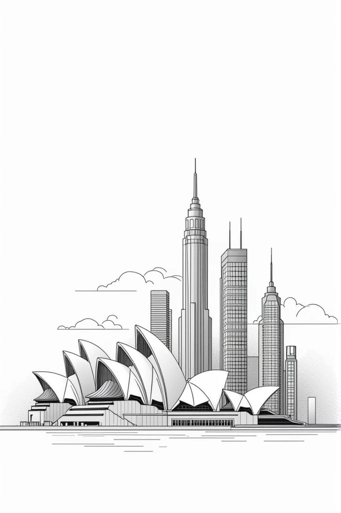 una imagen del porte de a3, con los edificios opera house de Sydney, old treasury building, Q1 tower y state law building, en perspectiva isométrica y solo con lineas