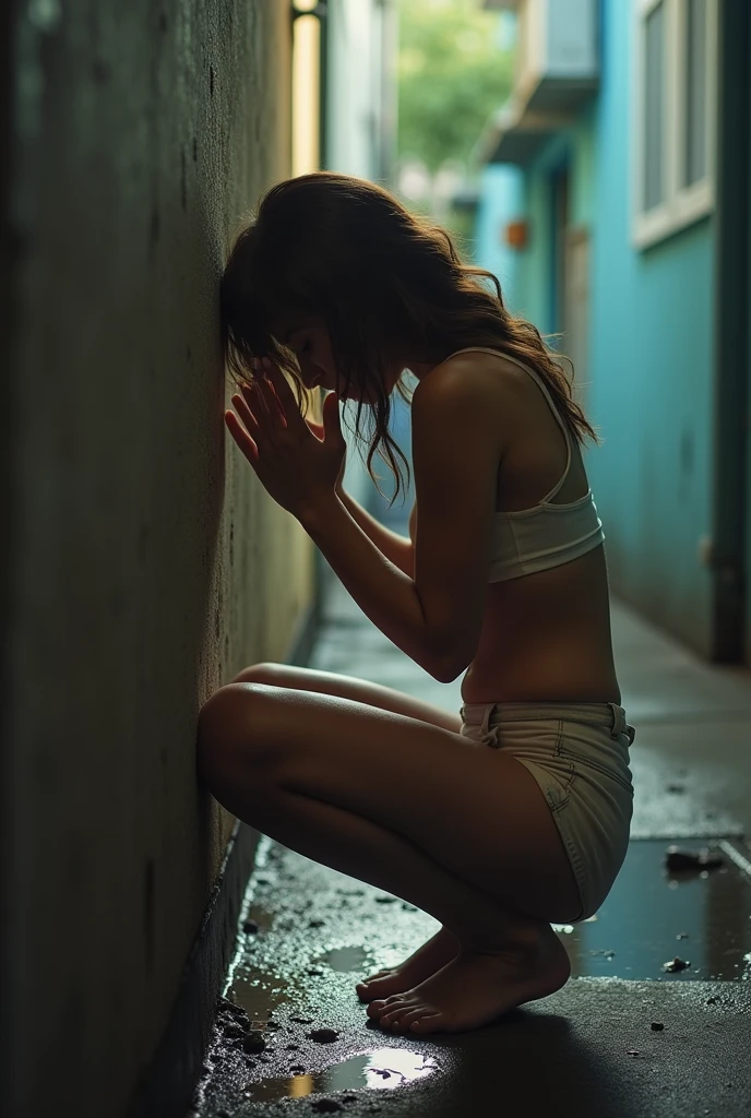 (A ) (peeing, urgently) Hiding behind alley)(Realistic) (peeing in a corner of an alleyway) (pants is pulled down) (squatting down) (pee stains) ( peeing dripping)