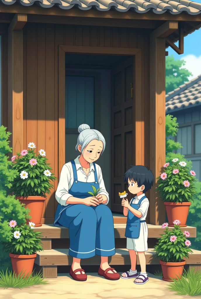 The anime shows an old woman wearing blue aprons and white pants with gray hair sitting on the steps of her house doing flower arrangement in several pots next to it. A  around five years old stands beside her holding flowers. There is also one kitten by her side. The background features wooden buildings and plants, creating a warm atmosphere. In the style of Hayao Miyazaki, the "View from presents" book cover depicts the scene in a warm and inviting style, with the characters dressed casually in suitable for the setting 16:9 