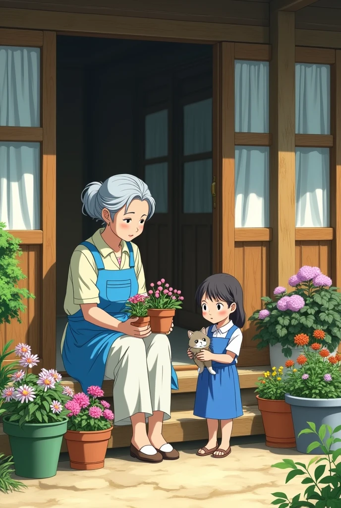The anime shows an old woman wearing blue aprons and white pants with gray hair sitting on the steps of her house doing flower arrangement in several pots next to it. A  around five years old stands beside her holding flowers. There is also one kitten by her side. The background features wooden buildings and plants, creating a warm atmosphere. In the style of Hayao Miyazaki, the "View from presents" book cover depicts the scene in a warm and inviting style, with the characters dressed casually in suitable for the setting 16:9 
