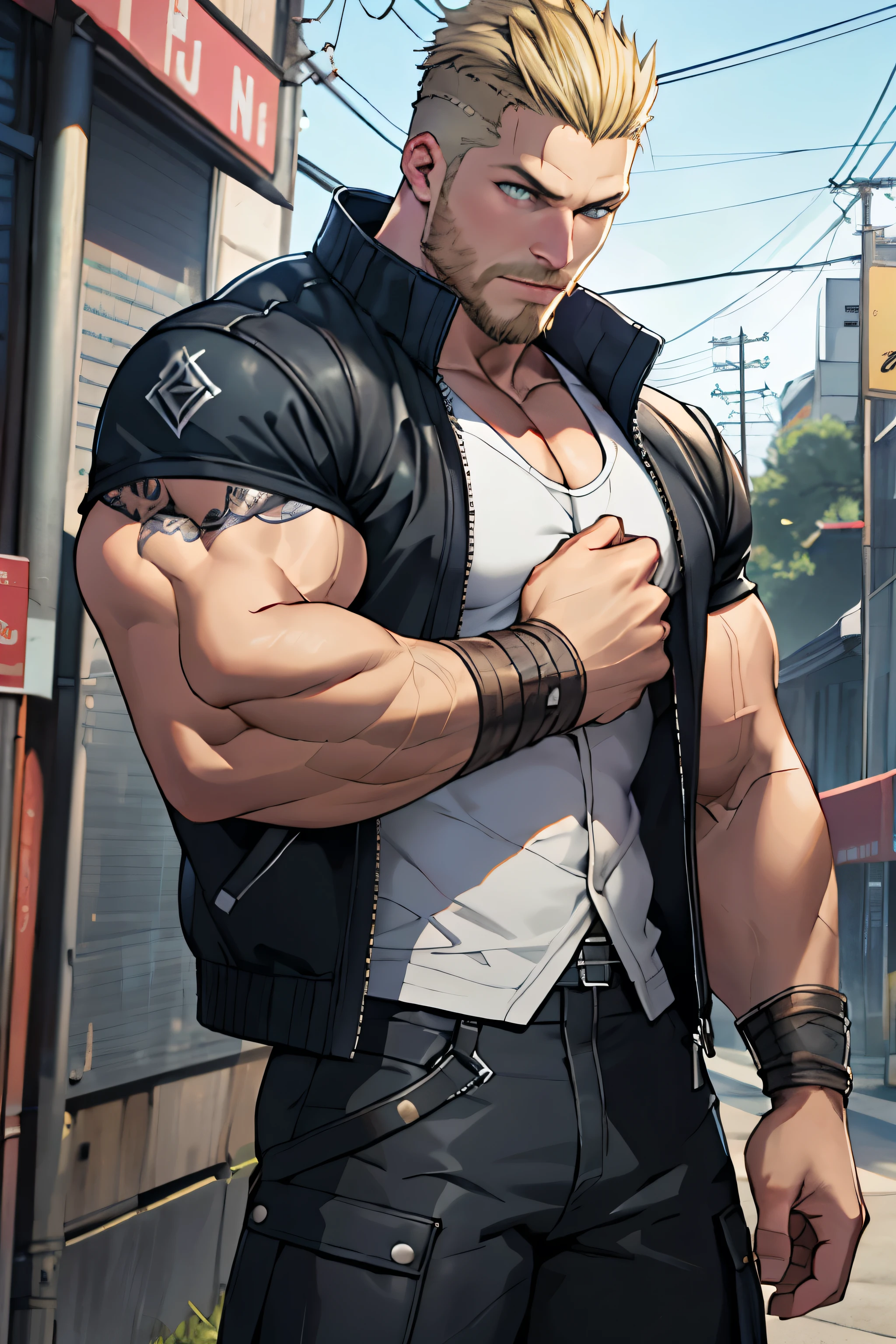 ((best quality)), ((masterpiece)), (detailed), Handsome man, 40 year old man, man who looks like Ragnar Lothbrok from Vikings show crossed with Gladiolus Amiticia from Final Fantasy XV, viking, light blond, very light blond, undercut hairstyle, undercut, dressed like Gladiolus Amiticia, muscles, abs, open jacket, black jacket, cotton jacket, sleeveless jacket, arms, biceps, battle scars on torso, 8k