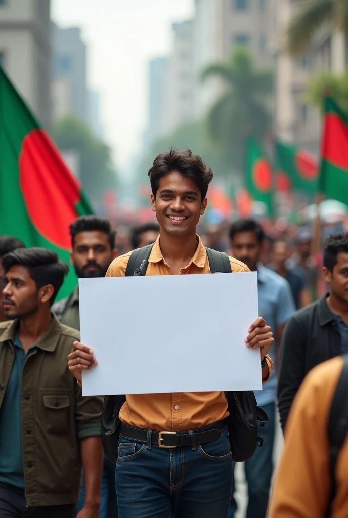 A good-looking Hindu youth must be a student agitator on the streets of Bangladesh. A white placard will be held by the youth. The flag of Bangladesh will also be displayed.