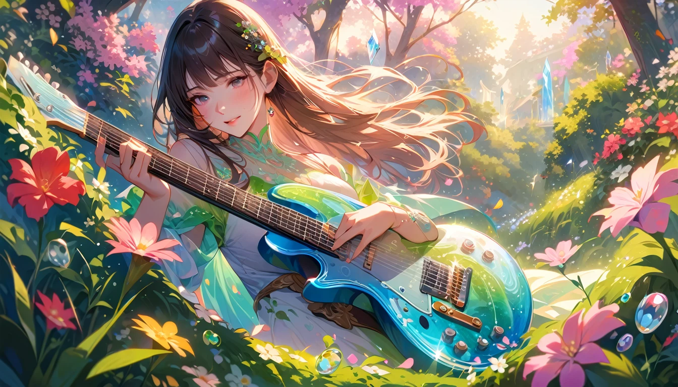 (best quality,4k,8k,highres,masterpiece:1.2),ultra-detailed,realistic,crystal-clear guitar carving,translucent morning of spring,sunlight reflection on guitar,body details,delicate strings,vibrant color palette,sculpting tools,hourglass figure,sound holes,elegant curves,polished surface,delicate engravings,effects of light and shadow,subtle reflections,shimmering surface,sparkling gemstones,flower petals falling,floral patterns,emerald accents throughout,transparent springtime essence,ethereal atmosphere,peaceful garden background,serene ambiance,morning dew,soft sunlight filtering through trees,lush greenery,vividly colored blossoms,harmonious blend of nature and art,impeccable craftsmanship,transcendent beauty,awe-inspiring artwork