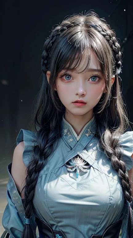 (masterpiece, Top quality, best quality, Official Art, beautiful and aesthetic:1.2), 1 Girl, extreme detailed, Rea, Light blue long hair, Emo, blue Eye, (Abstract, Fractal Art:1.3), highest detailed, detailed_Eye, Light_particle, Hanfu, Jewelry, Sexy, 蓝色Light芒, Large Breasts, Slim waist, Upper Body,Mizuki_Forest, Bangs,Braids