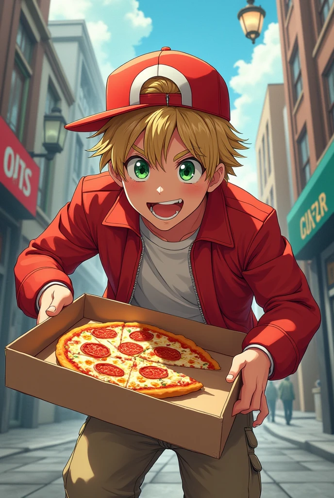 Generate a book cover for a novel. Show a small city sort of scene where a blond seventeen year old guy with green eyes and a bit of messy hair is almost tripping, in a pizza delivery outfit, the pizza box in mid air open enough to show a glance of the pizza inside. Anime style. Masculine
