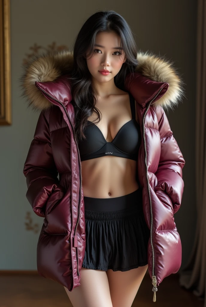 ((best quality)), ((masterpiece)), (detailed), perfect face, beautiful Korean 16 year old woman, silk tight  moncler puffer coat, seductive,  aroused, curvy figure, ((tight puffer coat)), fur hood, silk bra, large breasts, (open coat), cleavage, thick bra straps, photograph, shiny coat, satin, soft to the touch, pleated short silk skirt, silk tights