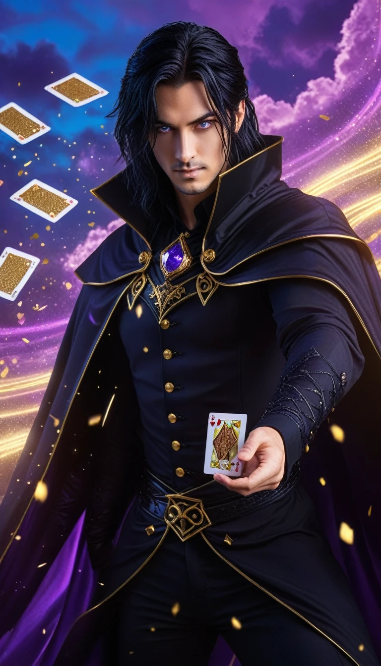 ((best quality)) , ((masterpiece)) , (detailed),Gothic Dark Fantasy Anime Man with a black cape, blue eyes and long hair in a dynamic pose throwing cards from a deck of cards with golden edges, golden sparkles on the background, magic swirls, a purple glow around, flying out to the viewer, golden cards flying out of his hand. A blue sky with white clouds, the background is full color. In the style of anime. High resolution.