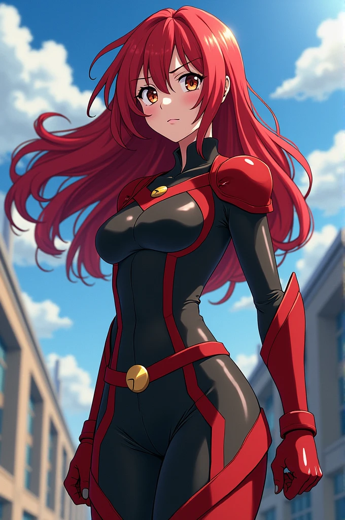 You can create an image of a character from my hero academia with those characteristics that is a woman, long red hair, brown eyes, average height and good body