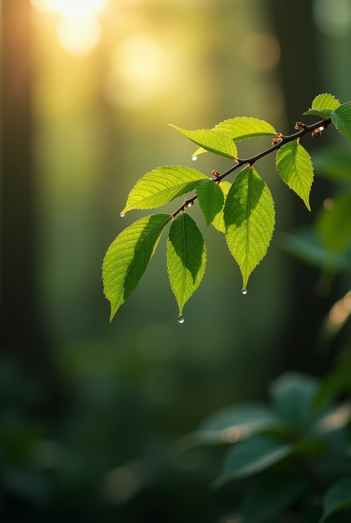 small tree leaves at the branch in a heavy jungle in a morning sunshine, water drop